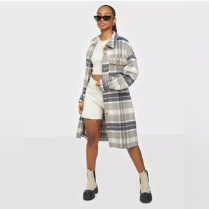 ONLY | Gray & Tan Check Plaid Long Shacket Coat